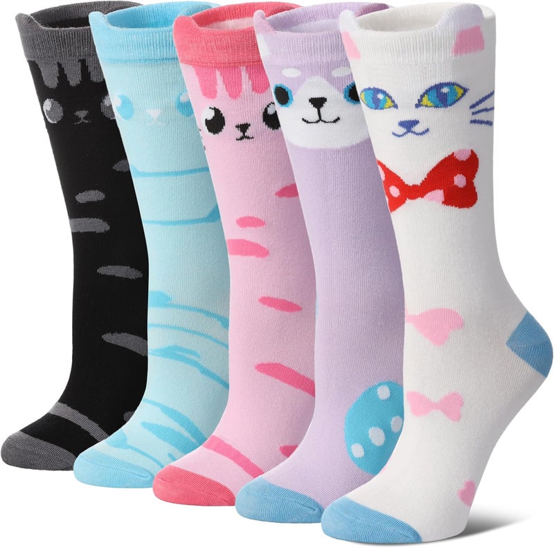 SDBING Womens Cat Socks Cute Gifts Animal Soft Breathable Thin Cotton Casual Crew Socks 5 Pairs - Image 1